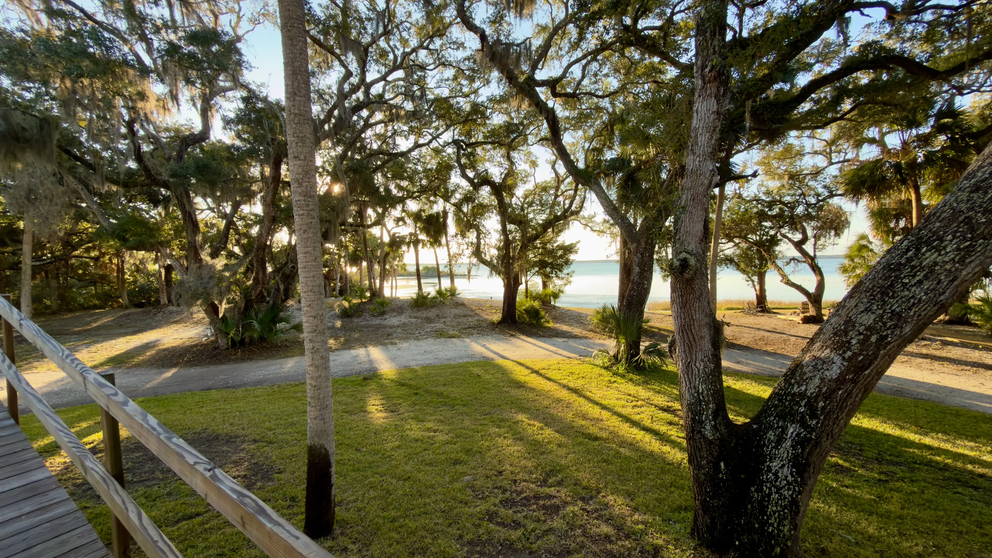 Live oaks and cabbage palms hung with Spanish moss above a mown lawn, St. Vincent Sound glinting beyond the treeline.