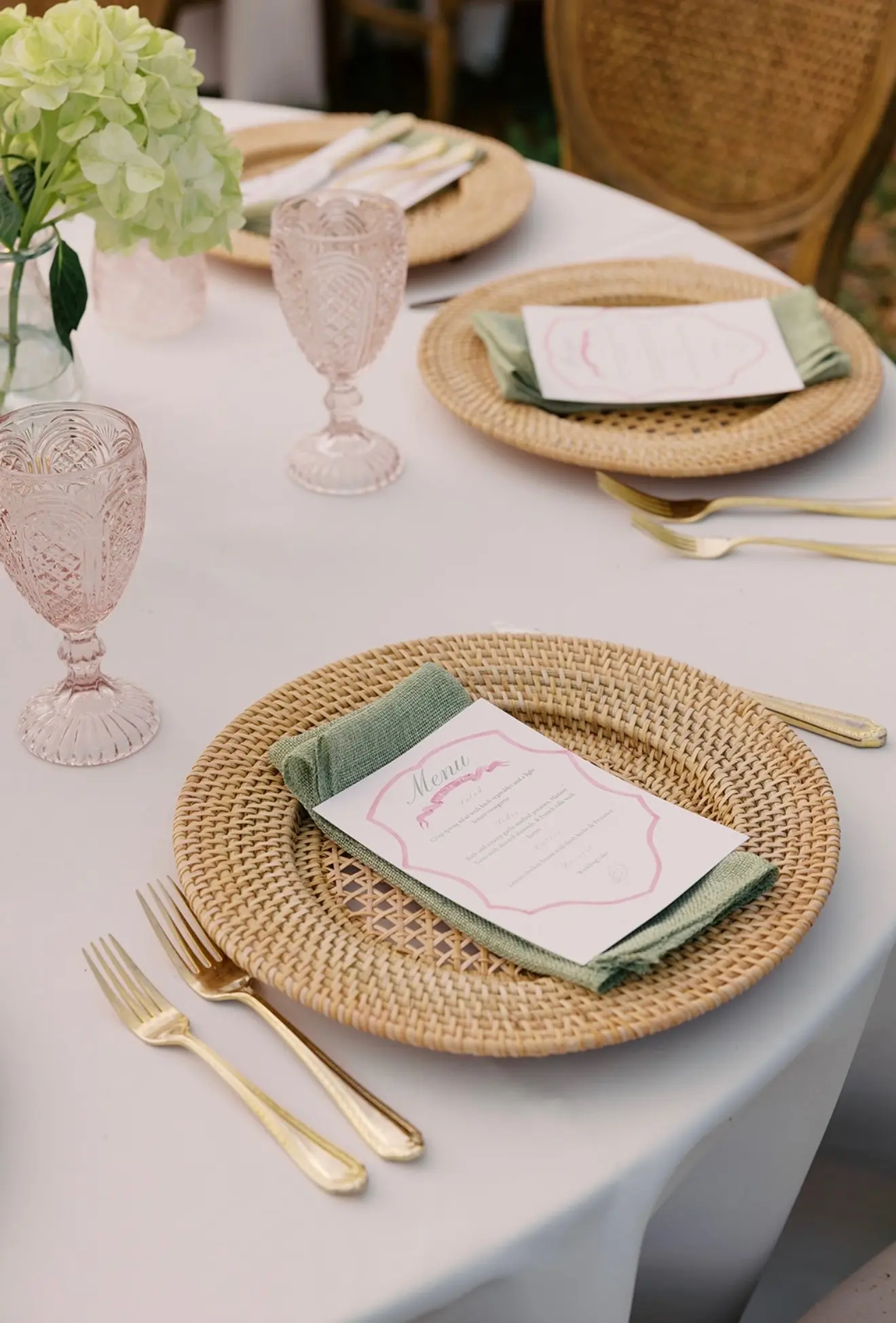 A place setting with a rattan charger.
