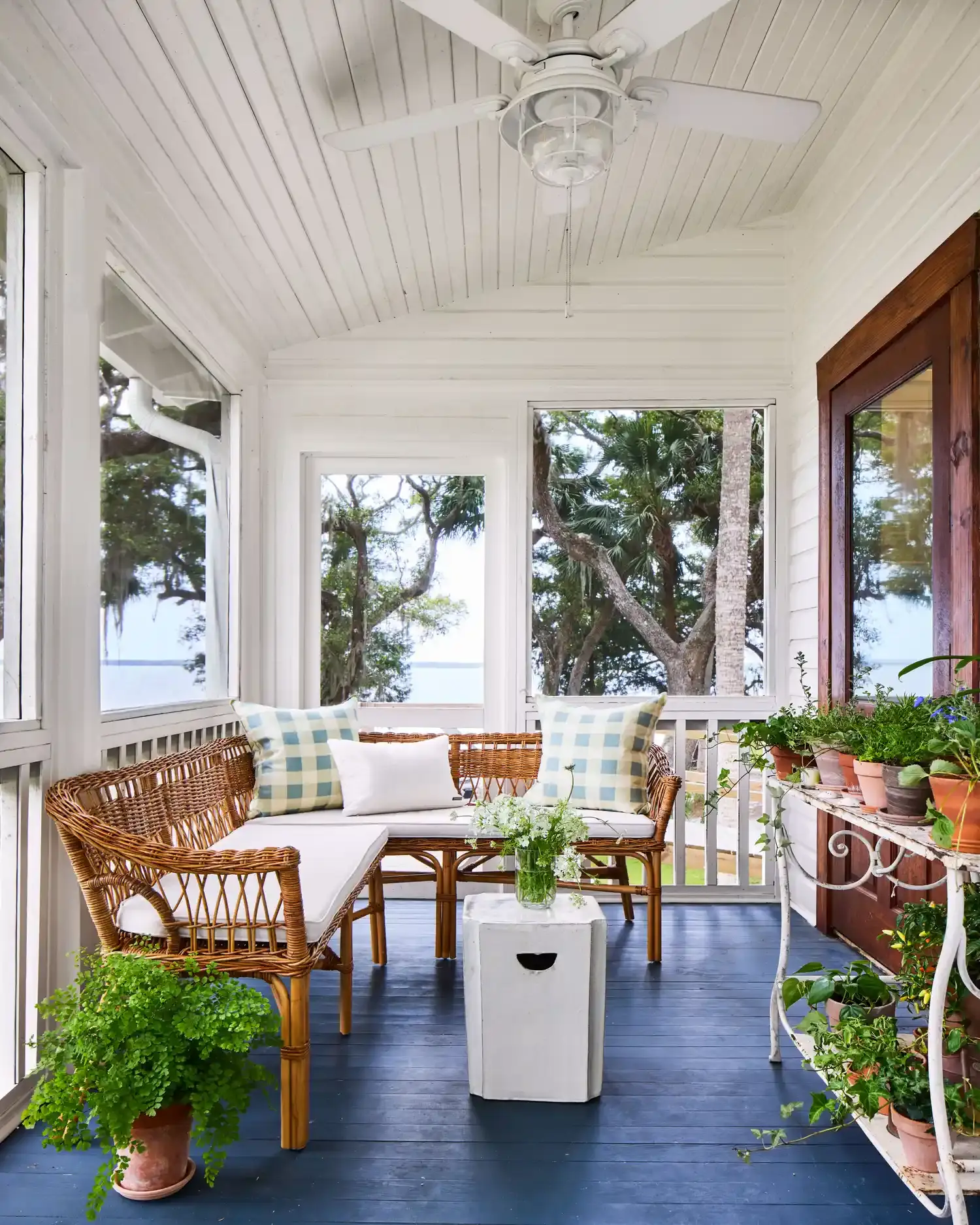 The screened porch, blue floorboards, rattan seating and ferns, the water visible through the screens.